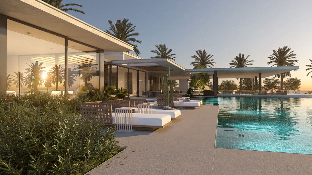 قطامية كوست — سطح Beach Club مع حمام سباحة عند الغروب